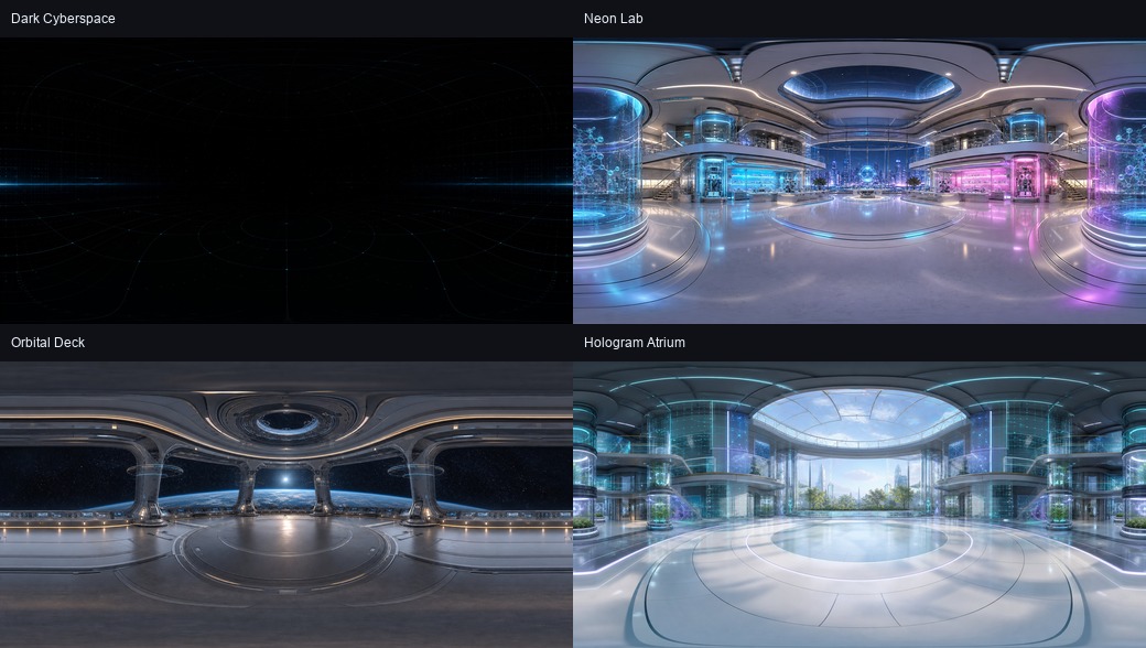 The four bundled 360-degree backgrounds: Dark Cyberspace, Neon Lab, Orbital Deck, and Hologram Atrium.